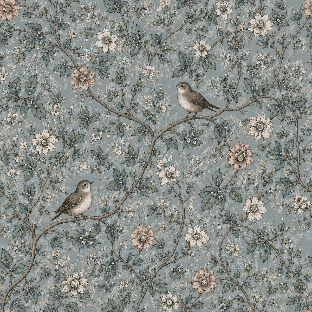 A repeating wallpaper pattern showing two dunnocks perched among blossoming branches on a soft slate-blue background, from the Birdsong Collection in the Larkspur colourway.